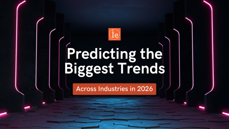 Banner image with a dark futuristic corridor, neon pink lighting accents, and the text ‘Predicting the Biggest Trends Across Industries in 2026,’ featuring the Innovationedge logo.